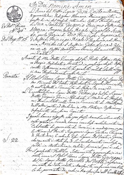 Fascicolo Contratto di Permuta tra il Dottor Giuseppe Del Frate e il Dottor Federigo Gorini: atti notarili e documentazione relativa a terreni scambiati nella Comunità di Palaia (1842) – Marti (1842)
