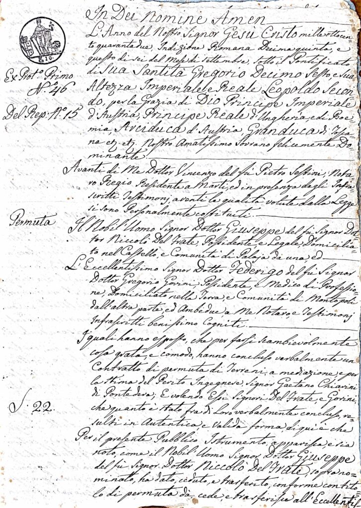 Fascicolo Contratto di Permuta tra il Dottor Giuseppe Del Frate e il Dottor Federigo Gorini: atti notarili e documentazione relativa a terreni scambiati nella Comunità di Palaia (1842) – Marti (1842)
