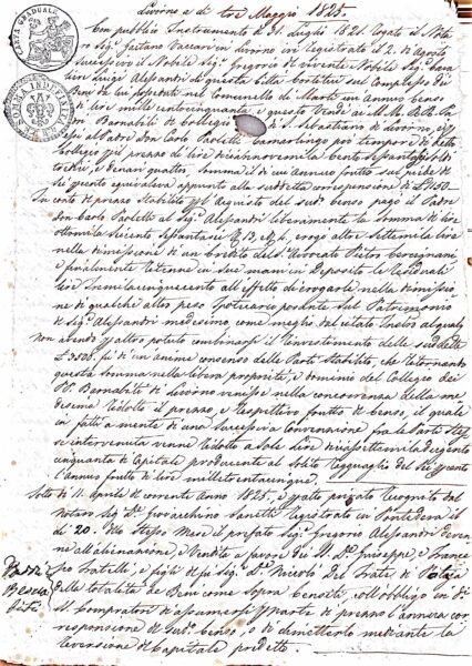 Atto di riduzione del censo e assunzione dell’obbligo di pagamento tra i Padri Barnabiti del Collegio di S. Sebastiano e i fratelli Giuseppe e Francesco Del Frate; rogito privato e dichiarazioni collegate (Livorno, 3 maggio 1825; riferimenti 31 luglio 1821 – 11 aprile 1825)
