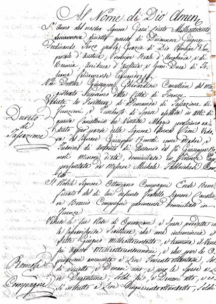 Fascicolo Eredità beneficiata del Cav. Braccio Compagni: decreti di tassazione, note di spese, atti di cessione e rendiconti (Firenze, 1817-1819)