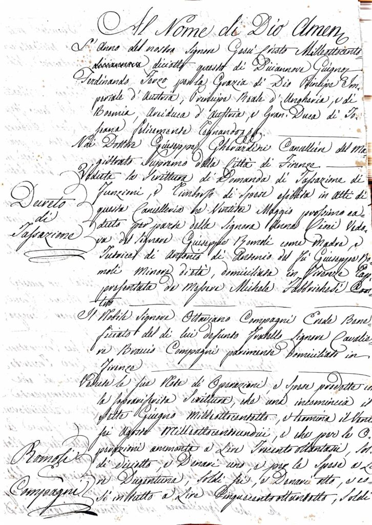 Fascicolo Eredità beneficiata del Cav. Braccio Compagni: decreti di tassazione, note di spese, atti di cessione e rendiconti (Firenze, 1817-1819)