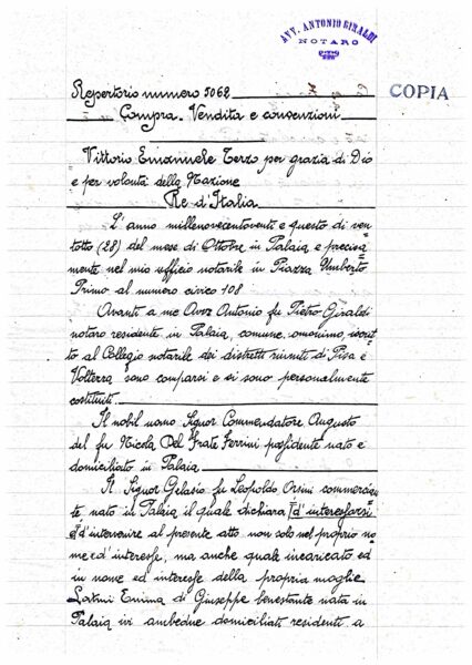 Fascicolo Del Frate Ferrini – famiglia Orsi: atti notarili e scritture private (concessioni, servitù, compravendita immobiliare) – Palaia (1894-1920) – Palaia (1920)
