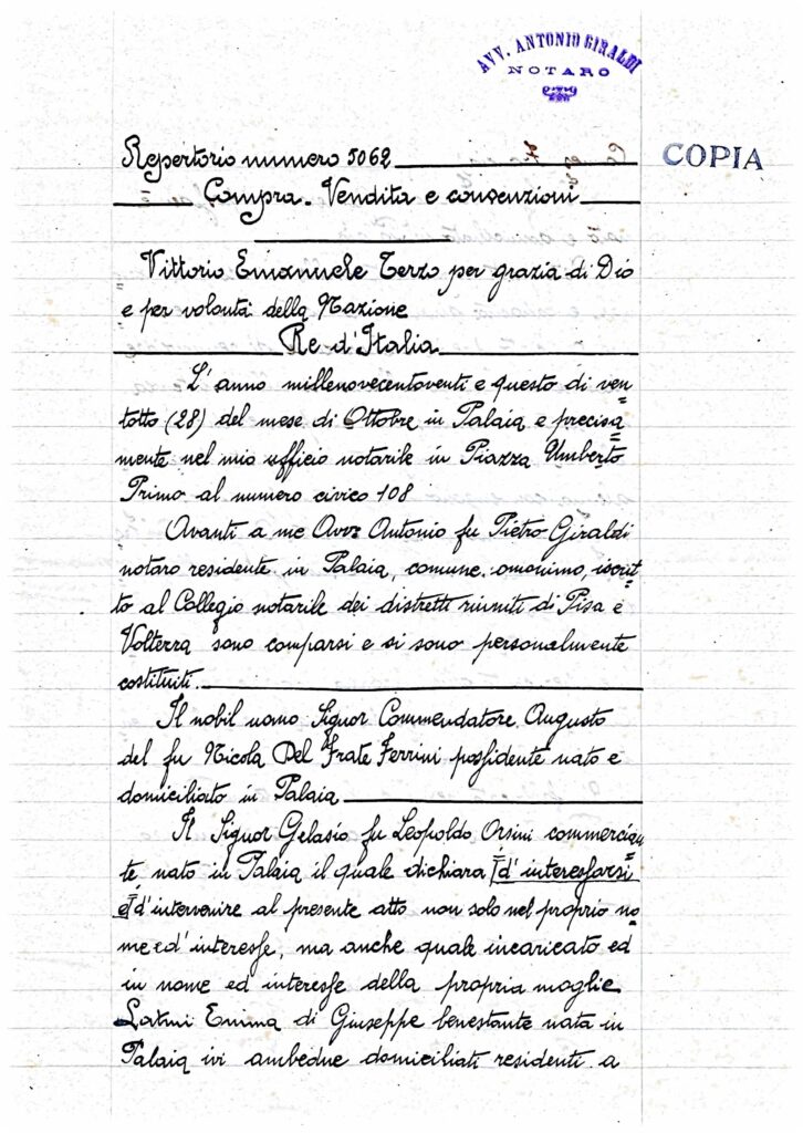Fascicolo Del Frate Ferrini – famiglia Orsi: atti notarili e scritture private (concessioni, servitù, compravendita immobiliare) – Palaia (1894-1920) – Palaia (1920)