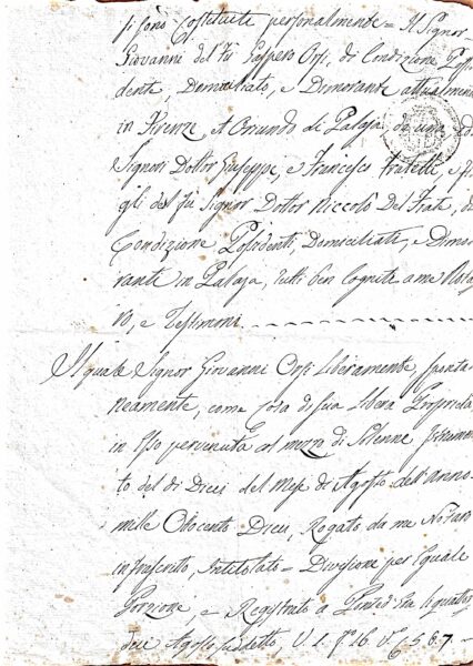 Fascicolo: Compravendita immobiliare e regolazione di dote tra Giovanni Orsi e i fratelli Dott. Giuseppe e Francesco Del Frate — rogito, quietanza e note di registrazione (Palaia; rogito 6 maggio 1815; iscrizioni 1815–1824) – Firenze (1810)