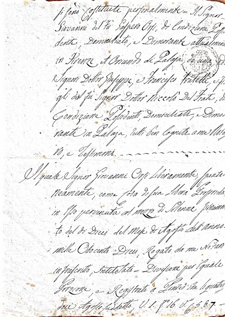 Fascicolo: Compravendita immobiliare e regolazione di dote tra Giovanni Orsi e i fratelli Dott. Giuseppe e Francesco Del Frate — rogito, quietanza e note di registrazione (Palaia; rogito 6 maggio 1815; iscrizioni 1815–1824) – Firenze (1810)