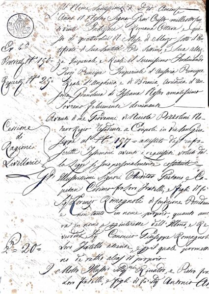 Rogito di cessione di ragioni livellarie sull’immobile in Empoli tra i fratelli Romagnoli e i fratelli Ancillotti; intervento del Cappellano-procuratore per i Del Frate – atto notarile di Giovanni (di Nicola) Pizzolini, Empoli, 14 marzo 1820 (registrato 21 marzo 1820); rogito, ricevute e copia conforme – Toscana (1787)