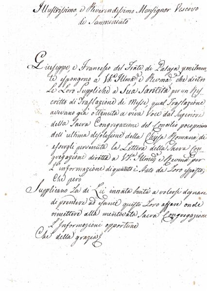Fascicolo Comunità di Palaia: corrispondenza e atti su traslazione di messe e ostensione delle piante del territorio (suppliche, deleghe, deliberazione e rendiconto spese) (Palaia–Diocesi di San Miniato; Roma; 1819-1823) –