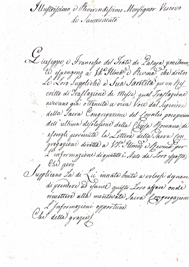 Fascicolo Comunità di Palaia: corrispondenza e atti su traslazione di messe e ostensione delle piante del territorio (suppliche, deleghe, deliberazione e rendiconto spese) (Palaia–Diocesi di San Miniato; Roma; 1819-1823) –