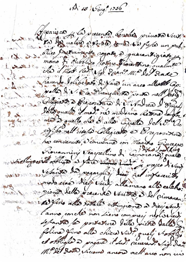 Fascicolo Atti e Ricevute di Completamento Lavori Architettonici della Cappella di S. Giovanni Evangelista: documenti e pagamenti per la costruzione dell’arco (Empoli, 1736-1756) – Empoli (1756)