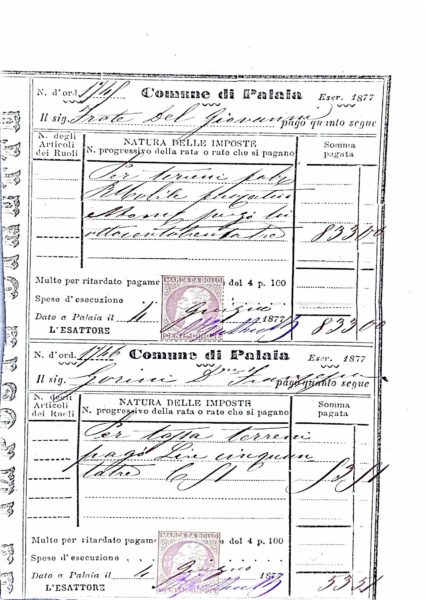 Fascicolo Documenti di Esazione Fiscale del Sig. Del Frate Giovanni: ricevute di imposte comunali del Comune di Palaia (1873-1888)