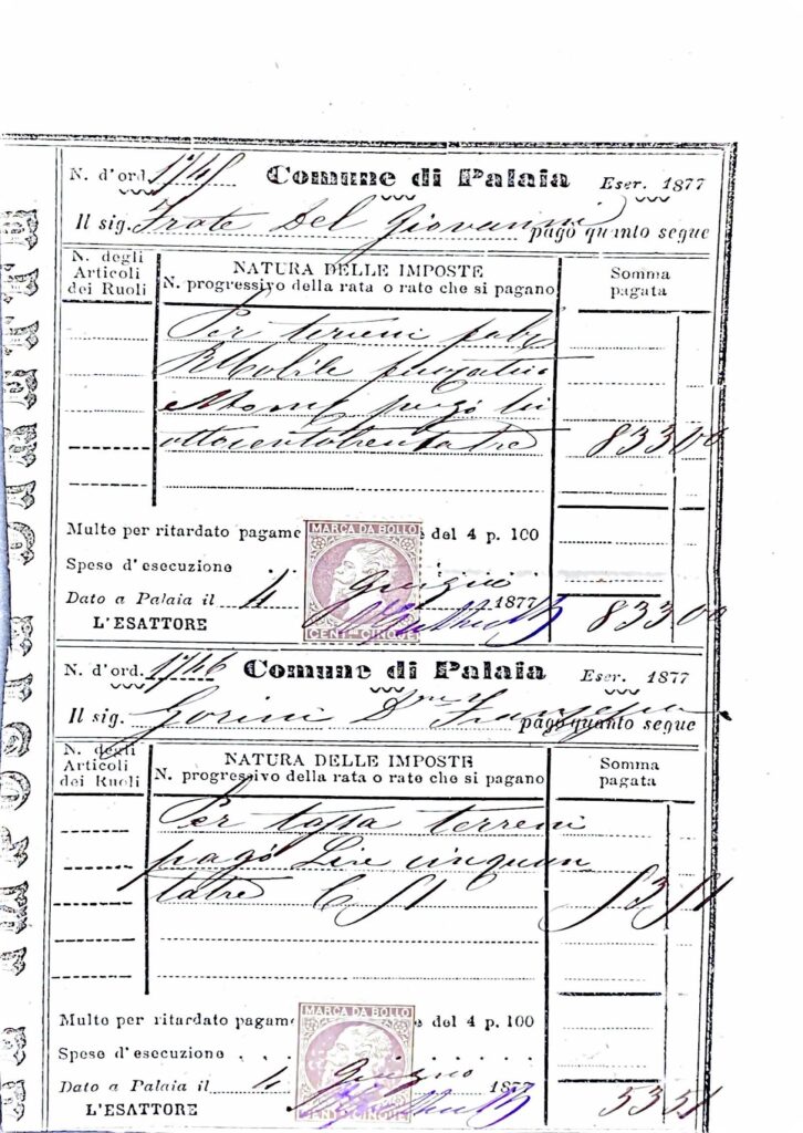 Fascicolo Documenti di Esazione Fiscale del Sig. Del Frate Giovanni: ricevute di imposte comunali del Comune di Palaia (1873-1888)