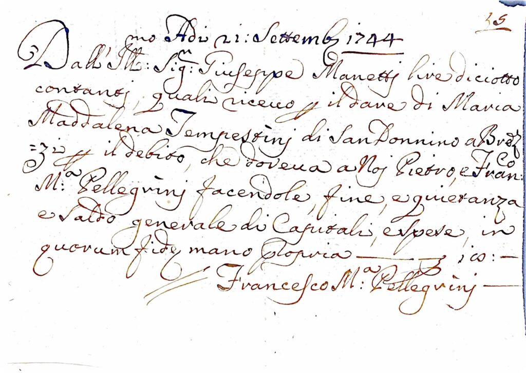 Fascicolo di Ricevute e Trasferimenti Patrimoniali di Maria Maddalena Tempestini: Atti di Compravendita e Dote nella Toscana del 1744 – San Donnino a Brozzi (1744)