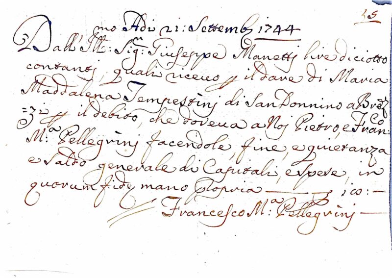 Fascicolo di Ricevute e Trasferimenti Patrimoniali di Maria Maddalena Tempestini: Atti di Compravendita e Dote nella Toscana del 1744 – San Donnino a Brozzi (1744)