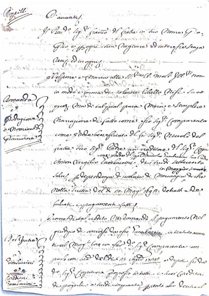 Fascicolo crediti e controversie ereditarie Del Frate vs. Capitano Anton Virgilio Tambaccini/Tamburini: domande, ricevute, rogiti, sentenze e rendiconti (Pontedera–Palaia–Firenze, 1692–1767; copie e certificazioni fino 1837) – Palaia (1692)