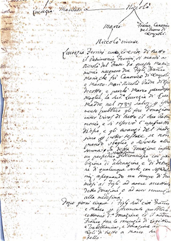 Fascicolo: Controversia patrimoniale della famiglia Ferrini/Fenzi (Lucrezia, coniugata Del Frate) — contratti, rogiti, suppliche, decreti e rendiconti relativi a podere vincolato da fidecommesso (Empoli–Palaia–Firenze, 1735–1796) – Empoli