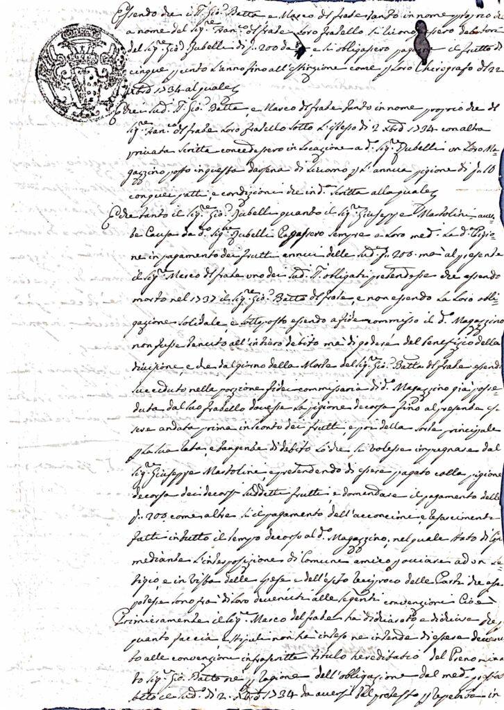 Fascicolo Del Frate (Marco e Giovanni Batta): atti di locazione, obbligazioni, rogiti, transazione e corrispondenza relative a un magazzino nella Darsena di Livorno (1695-1834) – Livorno (XVIII secolo)