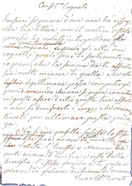Fascicolo liquidazione della legittima paterna delle figlie del fu Nobile Benedetto Gardini (Emilia Gardini, sposata Del Frate): lettere di trattativa, perizie, pareri legali e ricevute (Bibbona, Livorno, Pomarance; 1860-1874) – Archivio (XIX secolo)