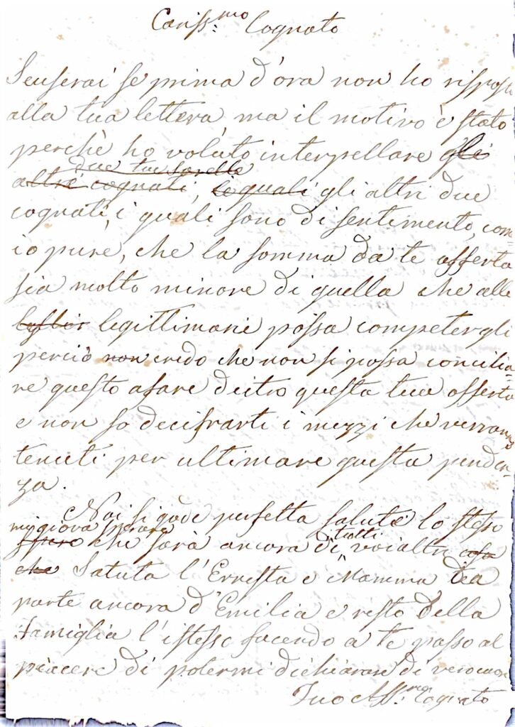 Fascicolo liquidazione della legittima paterna delle figlie del fu Nobile Benedetto Gardini (Emilia Gardini, sposata Del Frate): lettere di trattativa, perizie, pareri legali e ricevute (Bibbona, Livorno, Pomarance; 1860-1874) – Archivio (XIX secolo)