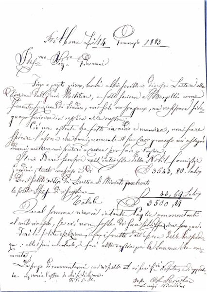 Fascicolo amministrativo della gestione patrimoniale della famiglia Gardini/Giardini: lettere di amministratori, rendiconti, pratiche di esproprio e atti processuali (Pisa, Pontedera, Palaia; 1819-1883) – Pontedera (1883)