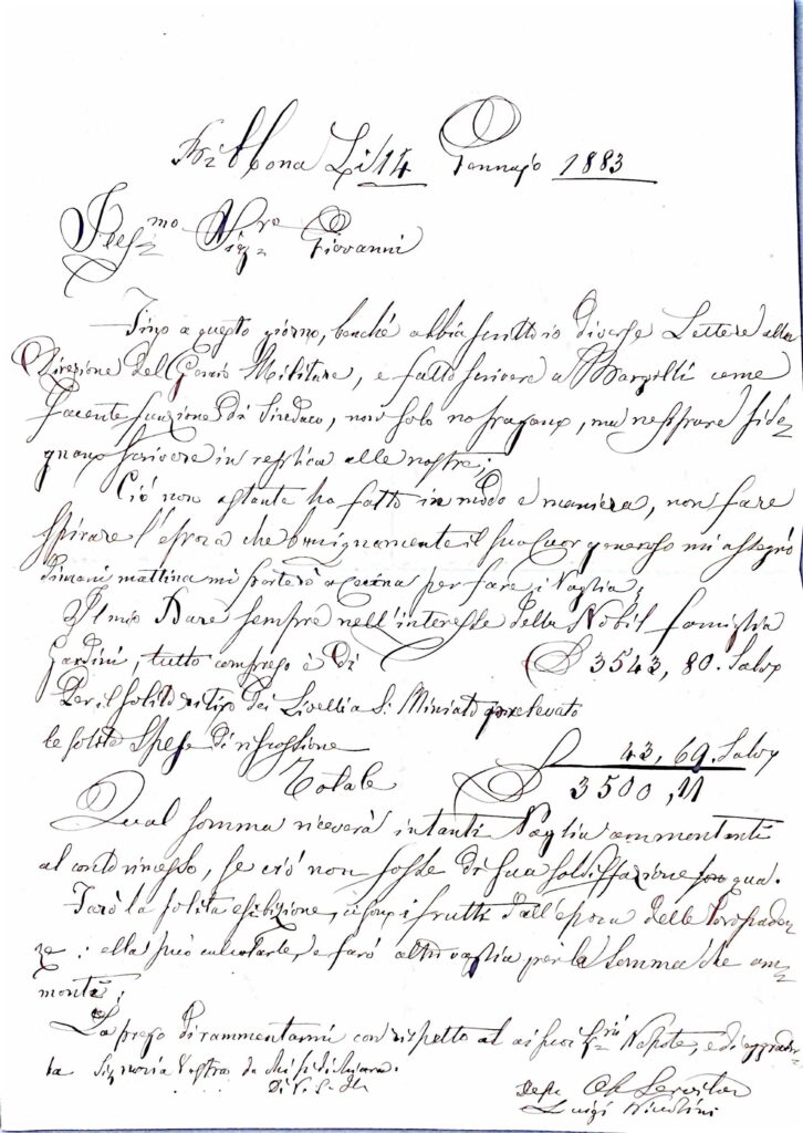 Fascicolo amministrativo della gestione patrimoniale della famiglia Gardini/Giardini: lettere di amministratori, rendiconti, pratiche di esproprio e atti processuali (Pisa, Pontedera, Palaia; 1819-1883) – Pontedera (1883)