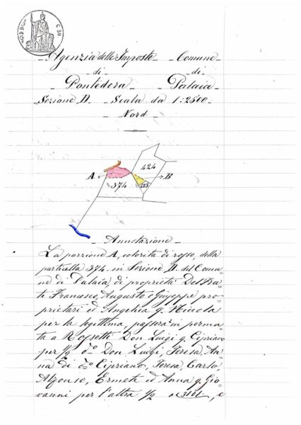 Fascicolo Permuta fondiaria tra i signori Del Frate e Rossetti: pianta catastale, perizia e voltura (Palaia, luglio 1885) – Pontedera (XIX secolo (post 1861))