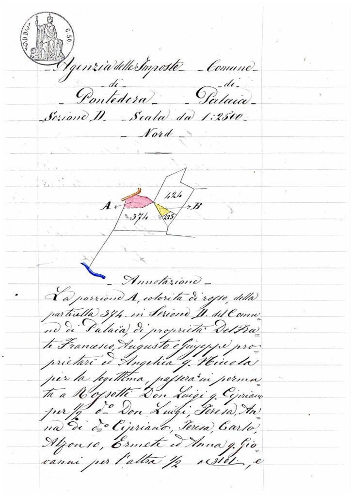 Fascicolo Permuta fondiaria tra i signori Del Frate e Rossetti: pianta catastale, perizia e voltura (Palaia, luglio 1885) – Pontedera (XIX secolo (post 1861))