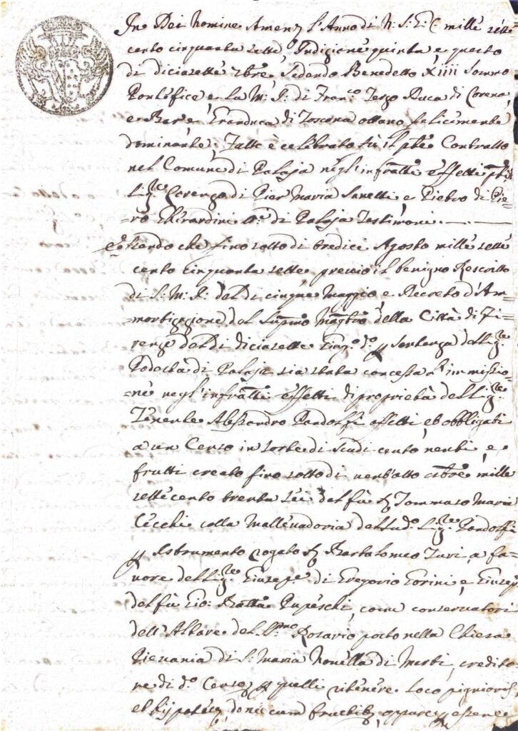 Fascicolo di atti patrimoniali e personali della comunità di Palaia: contratti di immissio e censo, affitti, accettazione di eredità e patti di dote (Palaia, Forcoli e località limitrofe; 1673-1759) – Palaja (1757)