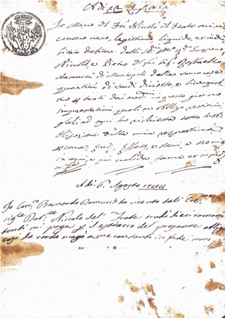 Fascicolo podere «La Tomba/Carbonaja» (Palaia): compravendite, estinzioni di censi, ricevute e testamento — famiglie Del Frate, Borsi, Pippeschi, Berti (1730-1793) – Montopoli (1744)