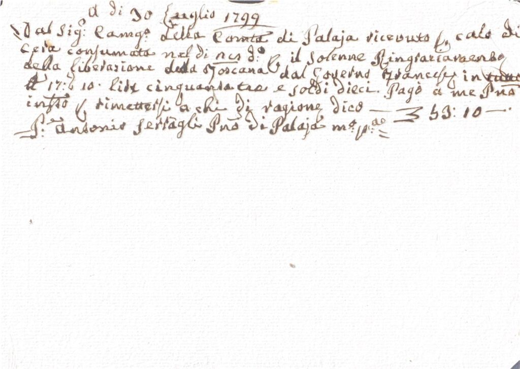 Fascicolo rendiconti e ricevute della Comunità e del Patrimonio ecclesiastico di Palaia: camerlengo Niccolò del Frate e incaricati (ricevute, mandati, elenchi di precetti e sequestri, rendiconto di cassa) (Palaia e Diocesi di San Miniato, 1781-1834) – Palaia (1799)