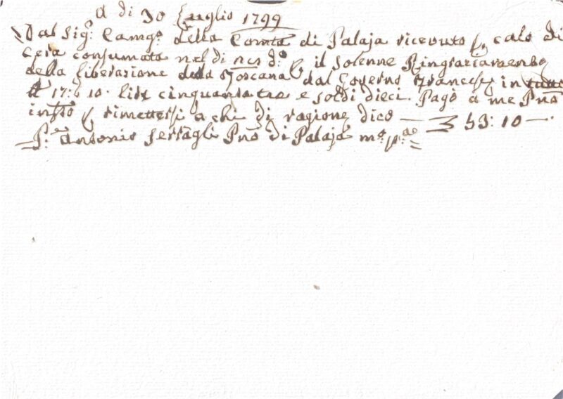 Fascicolo rendiconti e ricevute della Comunità e del Patrimonio ecclesiastico di Palaia: camerlengo Niccolò del Frate e incaricati (ricevute, mandati, elenchi di precetti e sequestri, rendiconto di cassa) (Palaia e Diocesi di San Miniato, 1781-1834) – Palaia (1799)