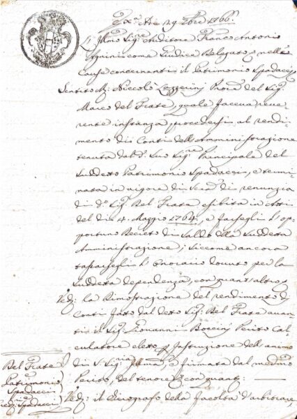 Fascicolo Patrimonio Spadacci: estratto giudiziale, rendiconto economale e inventario mobiliare (Firenze, Palaja/Riparbella e conti 1762-1766) – Pisa (1766)