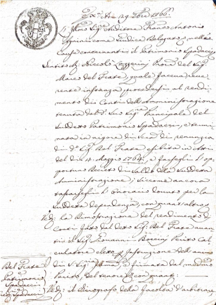 Fascicolo Patrimonio Spadacci: estratto giudiziale, rendiconto economale e inventario mobiliare (Firenze, Palaja/Riparbella e conti 1762-1766) – Pisa (1766)