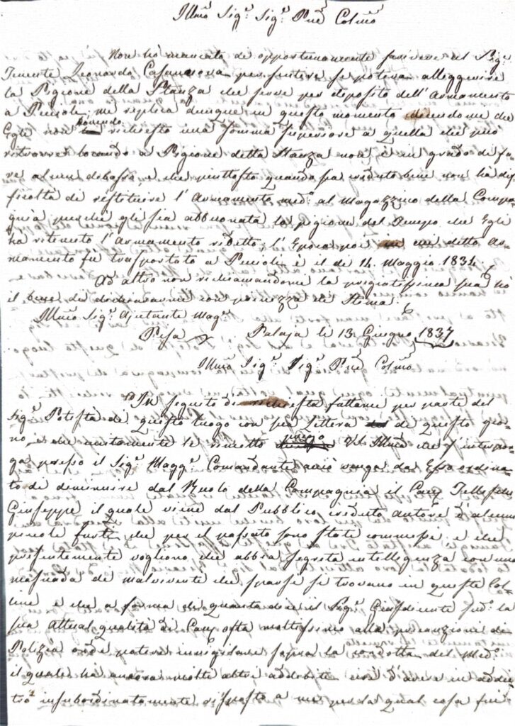 Documento amministrativo – Palaia (1837)